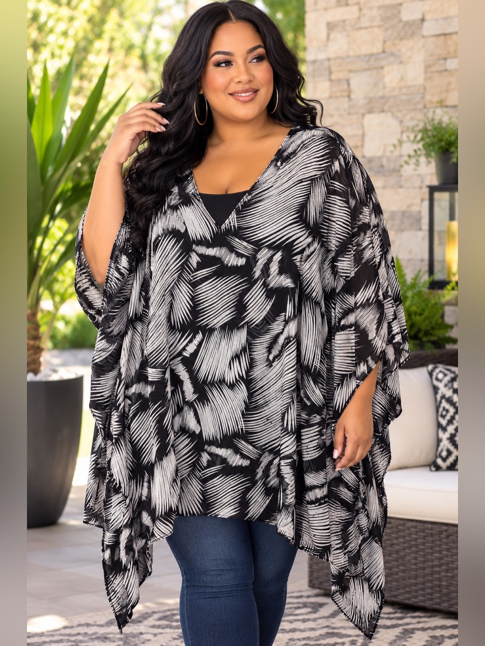 Chicos Black & White Oversized Palm-Print Kimono Tunic Size L/XL